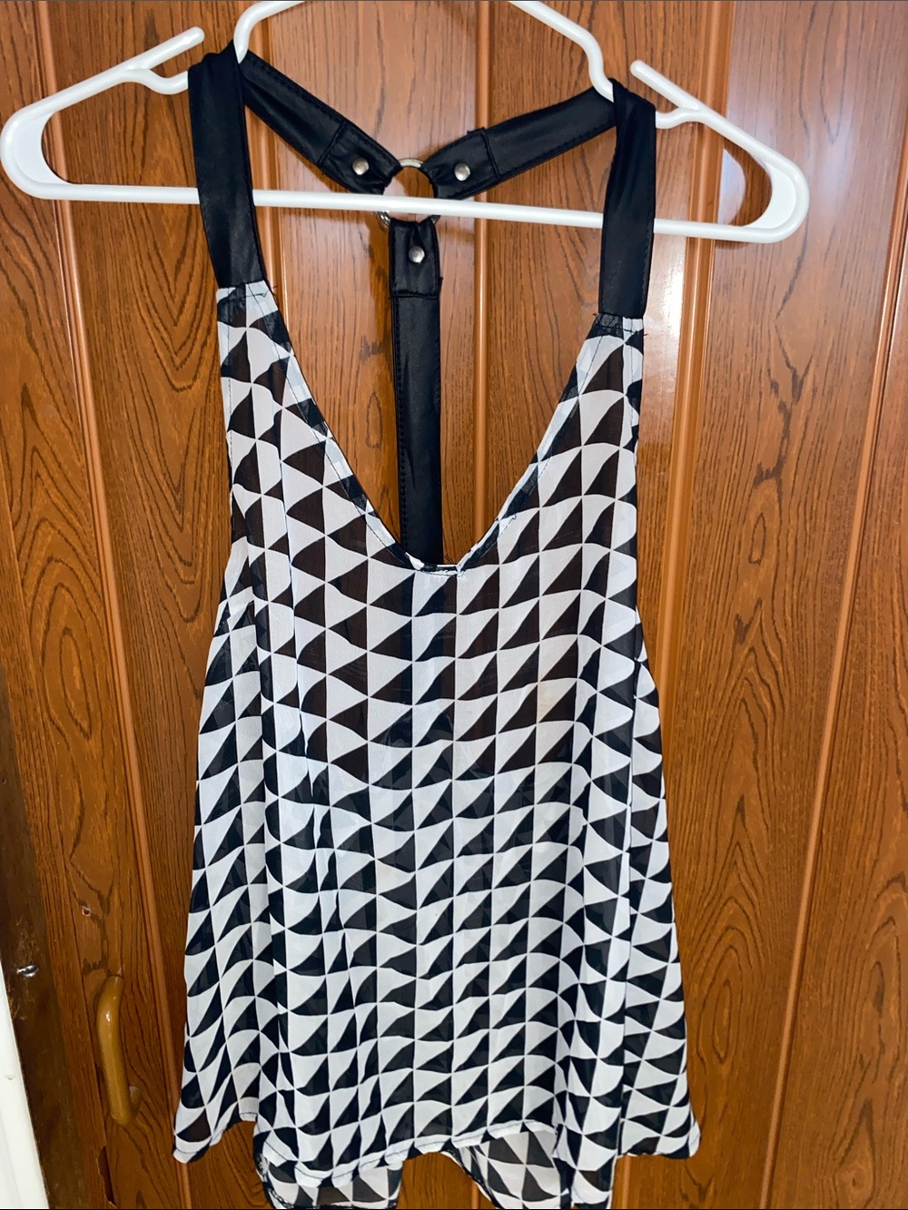 Vintage Black & White Geometric Tank with Faux Leather Strap